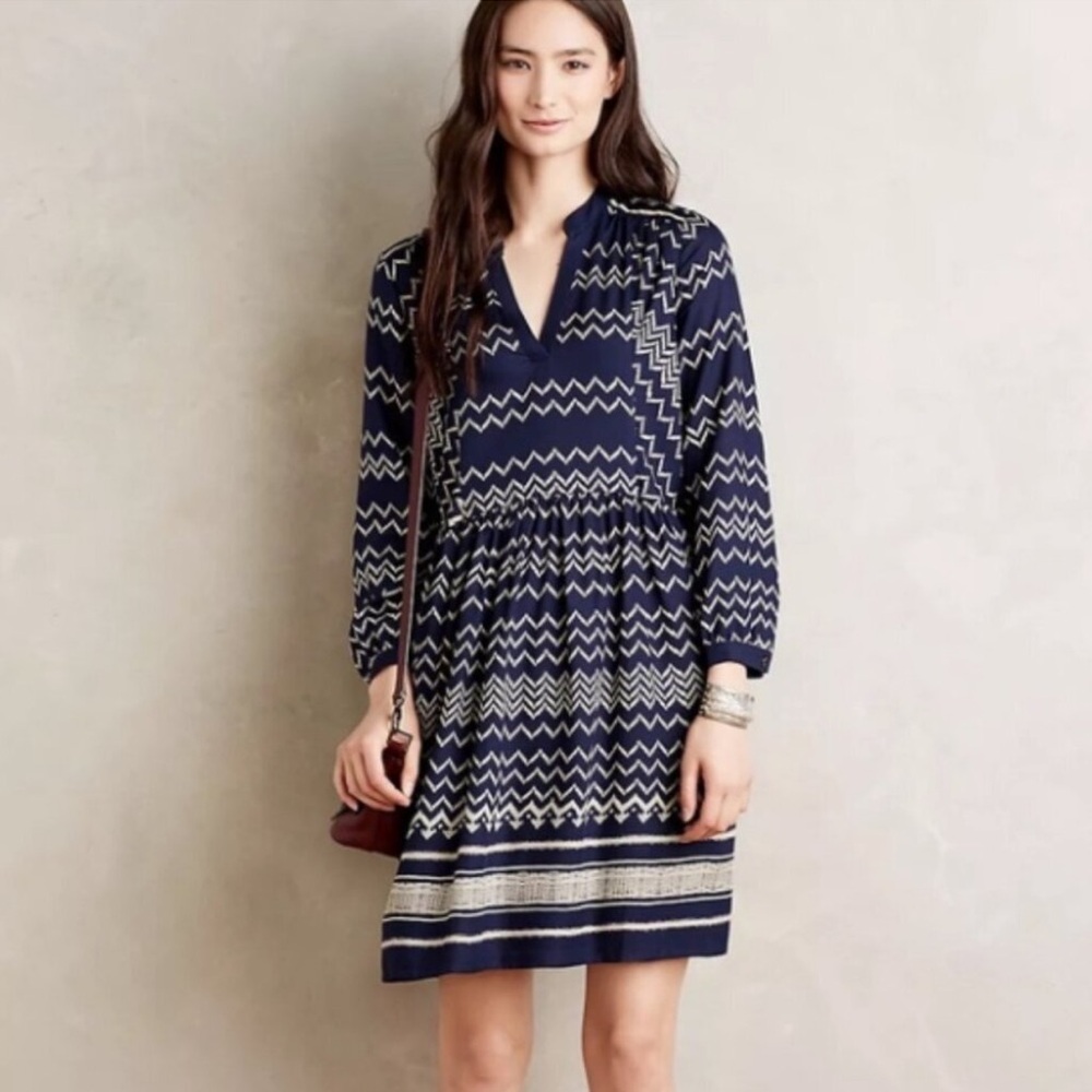 Anthropologie Holding Horses Farica Chevron Long Sleeve Dress Navy Blue Sz M
